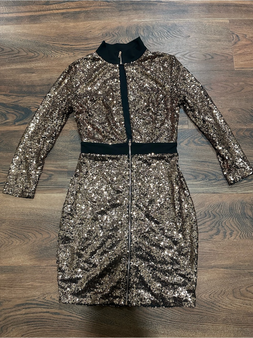 Sequin Zip-Front Party Dress in Bronze